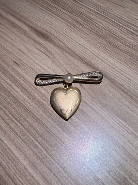 Gold Heart Locket Brooch with Pearl Accent - Women's Jewelry